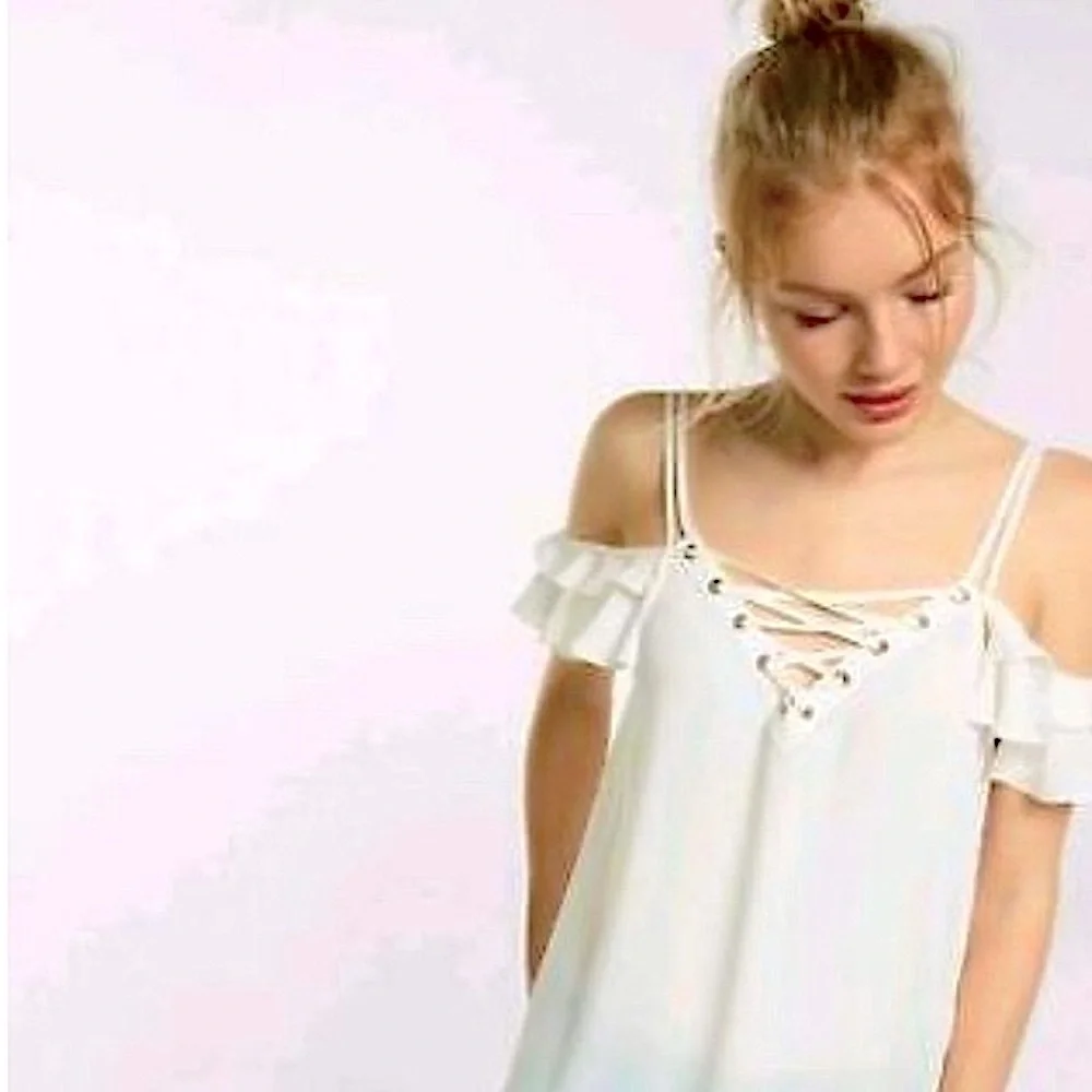 EXPRESS LACE UP RUFFLE CAMI Ivory M - Picture 2 of 10